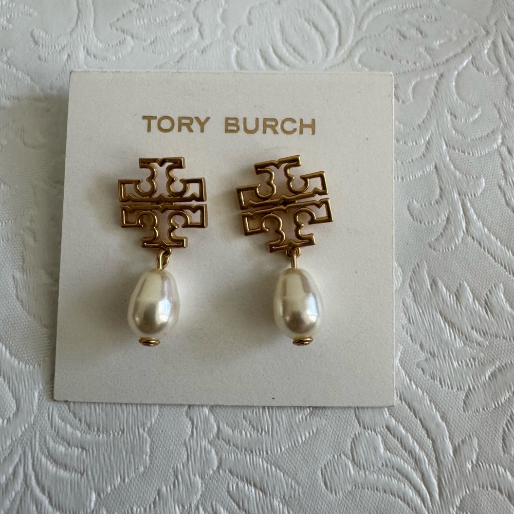 Tory Burch Gold Britton Logo White Pearl Drop Earrings